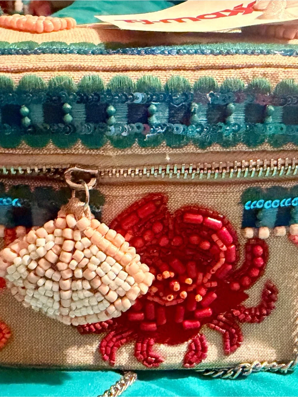 Embellished Crab Crossbody Bag in Red and Teal